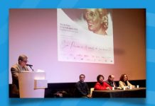 Fondo turquesa con ondas blancas y el texto en letras blancas: Finalizó el Coloquio sobre la figura de Eva Perón. Centrada foto del escenario con Dora Barrancos, Mario Pecheny, Marcela Ferrari y Juan Pablo Issel con la proyección del rostro de Eva perón de fondo. En el borde inferior izquierdo logo del CONICET Mar del Plata