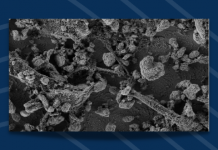 fondo azul con ondas celestes. Logo del CONICET Mar del Plata sobre el margen inferior izquierdo. Al centro una fotografía tomada al microsopio electrónico de barrido de la superficie de la nanoceria.