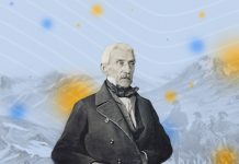 Imagen de San martin en primer plano y de fondo ondas blancas sobre fondo celeste e imàgenes de hombres a caballo y montañas de fondo
